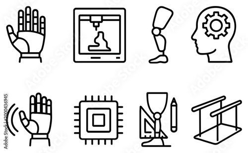 Robotics icons with robotic hand 3d printer prosthetic leg outline