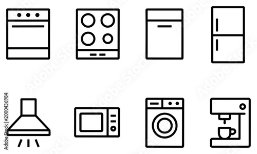 Kitchen icons with oven stove fridge outline minimal