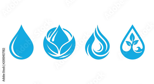 Blue water drop and leaf floral emblems on white background