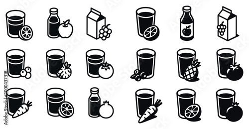 Juice icons with glass bottle carton minimal outline