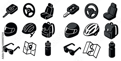 Travel icons with key helmet backpack minimal