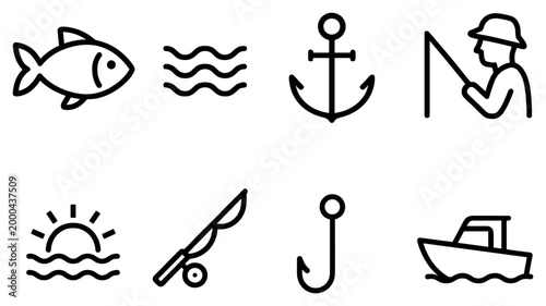 Nautical icons with fish anchor boat outline
