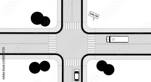 Aerial view of a busy city intersection with traffic lights and vehicles.