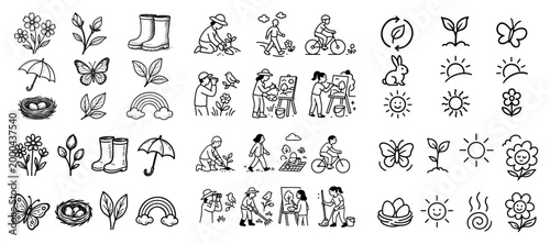 Spring gardening icons with flower boots shovel sketch