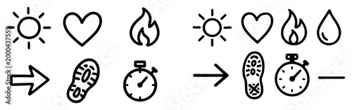 Simple icons with sun heart and flame outline