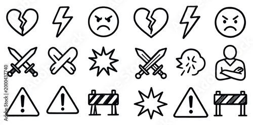 Warning icons with heart sword bolt angry outline