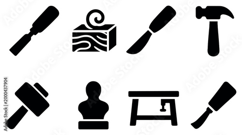 Woodworking icons with chisel plane mallet flat