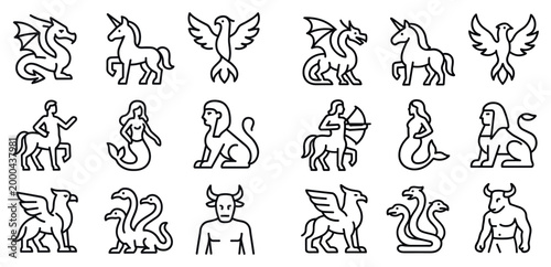 Mythology icons with dragon unicorn griffin outline