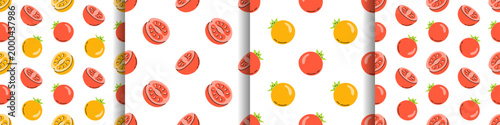 Vector set of tomato seamless pattern paper with yellow and red tomato, whole, sliced vegetable on white background. Fresh organic food print for wrapping, backdrop, kitchen textile design collection.