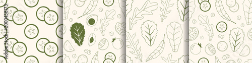 Vector seamless pattern set with green hand drawn outline sketch monochrome doodle print. Organic vegetable design with tomato, cucumber slice and salad leaf. Trendy eco food background collection.