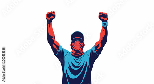 An individual wearing a face mask raises both hands in a defiant stance