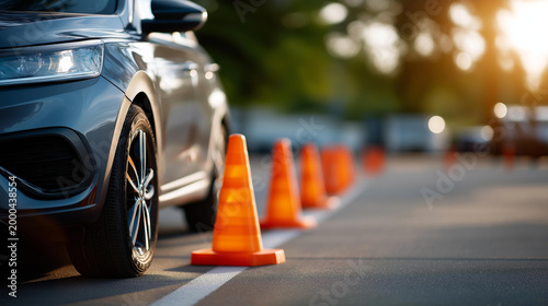 A learner vehicle parked near a line of orange traffic cones on a sunlit training lot, no people, driving school car, traffic cones, practice ground, driver education, training lot, safety