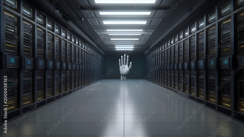 Fototapeta premium A massive high tech server corridor filled with rows of cabinets featuring a luminous robotic hand symbolizing global data flow