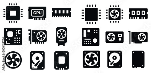 Technology icons with chip gpu ram solid