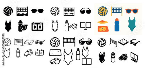 Beach sports icons collection with swimsuit and sunglasses