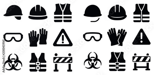 Safety icons with helmet vest gloves simple