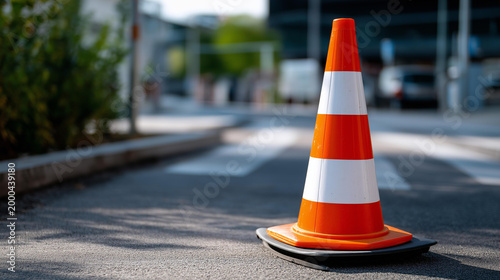 A single orange and white traffic cone standing in the middle of a paved road, no people, orange cone, paved road, traffic control, temporary marker, outdoor, simple composition, safety cone,