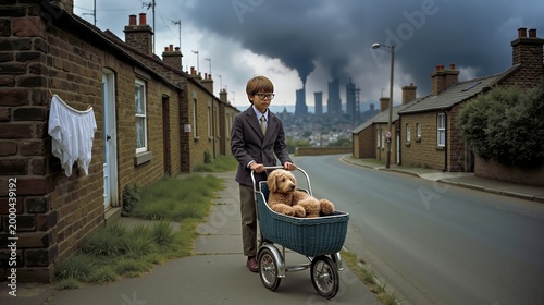 A man in a suit pushing a dog in a basket on a tricycle