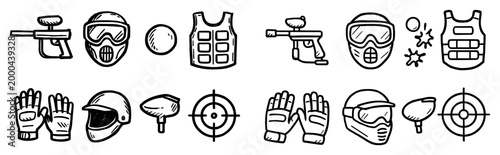Paintball icons with gun mask vest outline