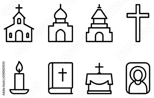 Religious icons with church cross bible outline