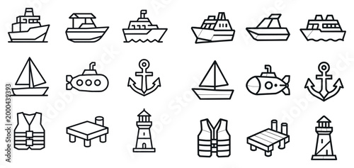 Nautical icons with boat anchor submarine outline
