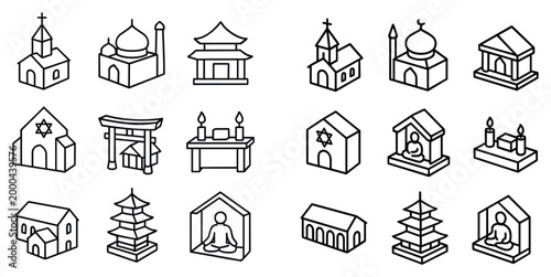 Religion icons with temple mosque church outline
