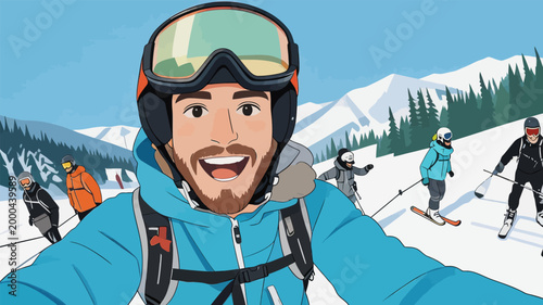 Cartoon selfie of a male skier at alpine ski resort