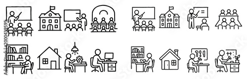 Education icons with teacher school house desk outline