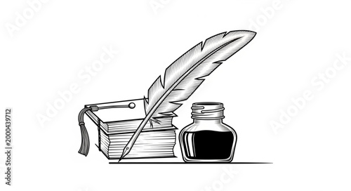 Vintage Quill Pen Inkwell and Open Book Illustration.
