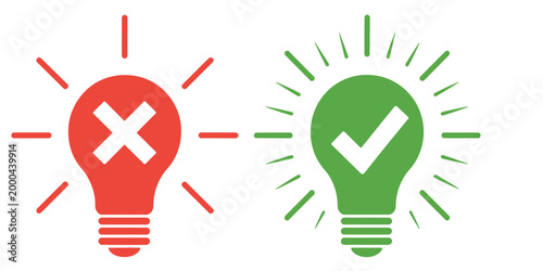 Bulb icon, check mark cross designs, idea approval rejection symbols, decision evaluation concept, vector illustration