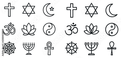 Religion icons with cross lotus om outline