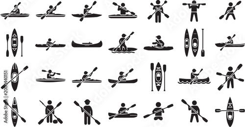 Kayak and Canoe Vector Icon Set for Outdoor Water Sports