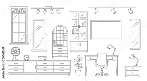 Set of interior furniture and home decor elements, line art style