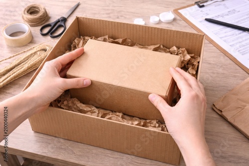 Hands place a wrapped kraft box into a corrugated shipping carton with paper filler for safe ecommerce packaging.