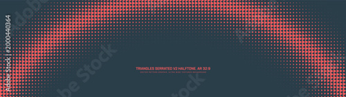 Triangles grid halftone serrated pattern semicircle arc border frame ultra wide 32:9 aspect ratio red black vector abstract background. Half tone ultrawide format retro futuristic 80s abstraction