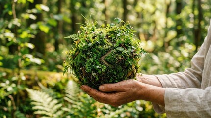 Small green globe covered with plants, environmental awareness and sustainability concept with eco-friendly symbolism and fresh natural backdrop, soft bokeh, earthy texture, realistic detail, no logos