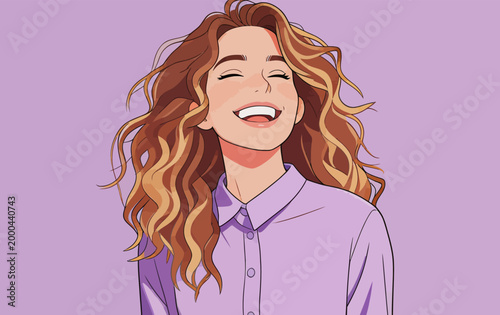Joyful young woman with curly hair laughing happily