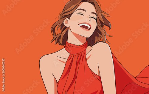 Joyful young woman in red dress laughing happily
