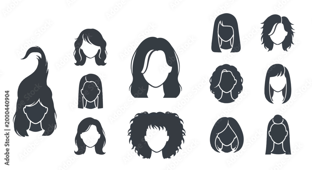 Fototapeta premium Collection Of Diverse Hairstyles Silhouettes For Heads.