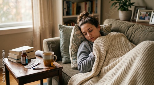 Illness: A person takes rest at home with cold or illness, seeking comfort and recovery in a familiar environment.
