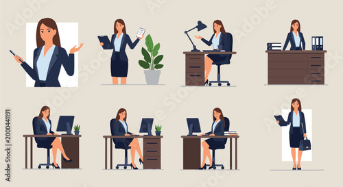 Professional Businesswoman In Office Settings Across Scenes.