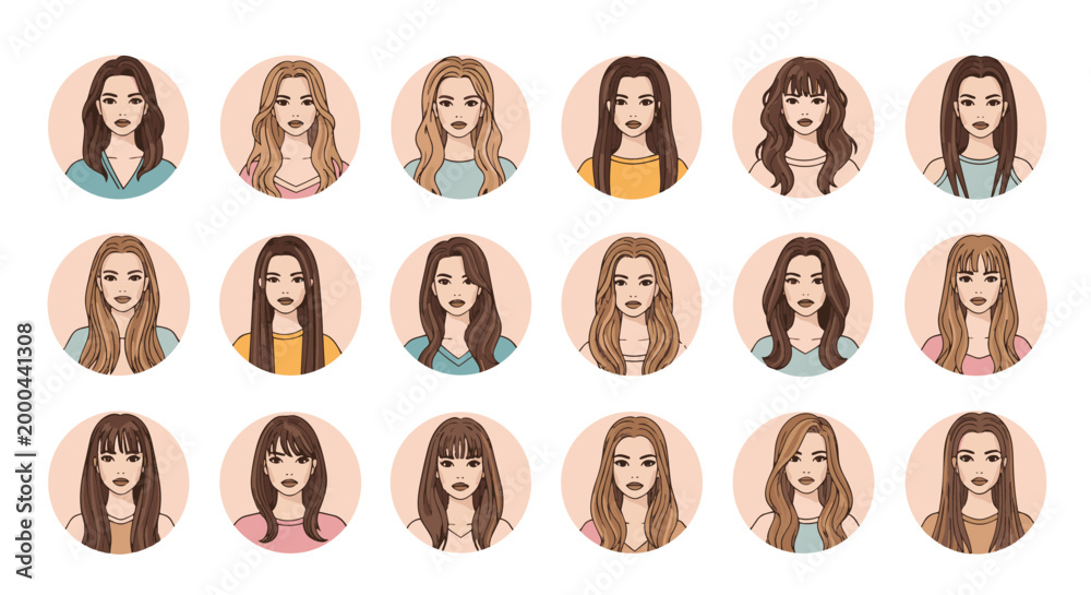 Fototapeta premium Female portrait collage featuring diverse hair colors and expressions.