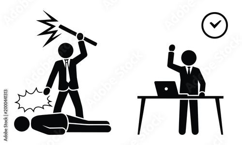 Businessman striking defeated opponent with clock checking success