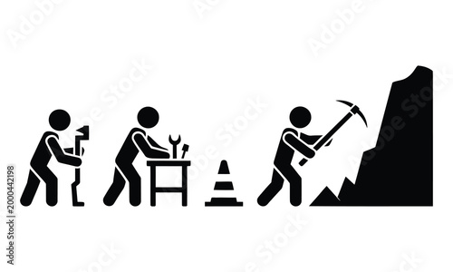 Mining process illustrated with pickaxe and shovel