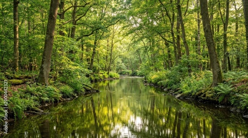 Forest with sunlight filtering through trees and calm waterway, lush natural landscape, peaceful woodland reflection, serene atmosphere, realistic detail, no logos