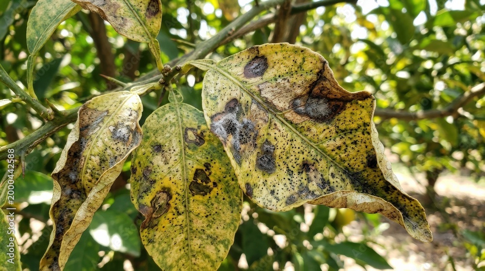 Fototapeta premium Citrus leaves showing visible fungal and bacterial damage, mottled textures, curled edges, botanical detail, natural scientific clarity, crisp daylight, ultra-realistic, no logos.