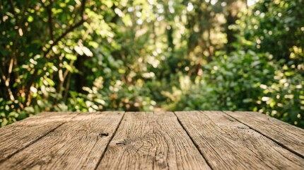 Wooden tabletop with a blurred natural background, greenery and soft sunlight filtering through leaves, serene outdoor product display setting, realistic texture, no logos