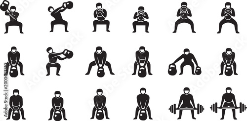 Kettlebell and Weightlifting Strength Training Exercise Icon Set