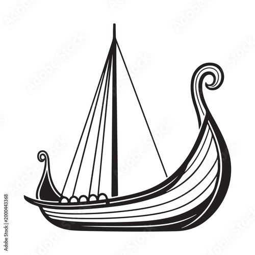 Black and white vector illustration of a Viking longship silhouette isolated on white background