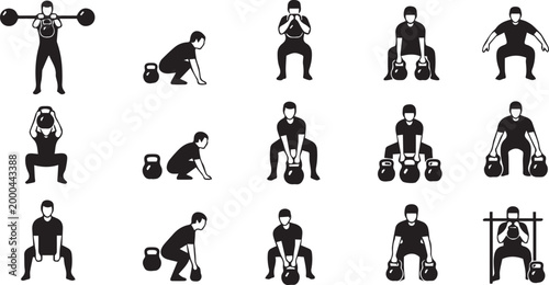 Kettlebell Workout and Strength Training Fitness Icon Set